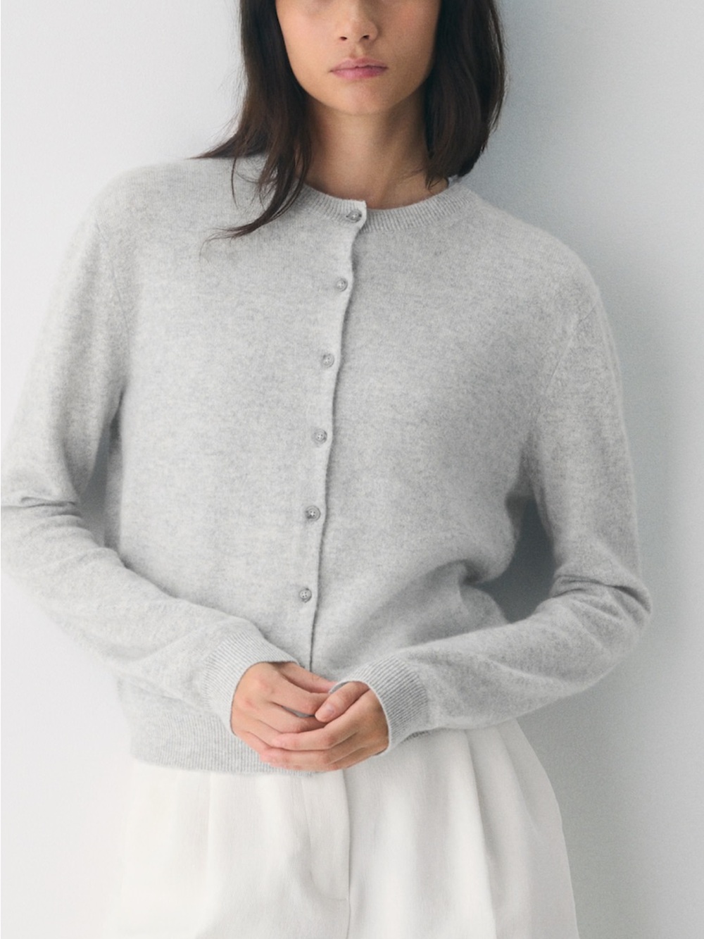 Aritzia Light Gray Crewneck Button-Front Cardigan